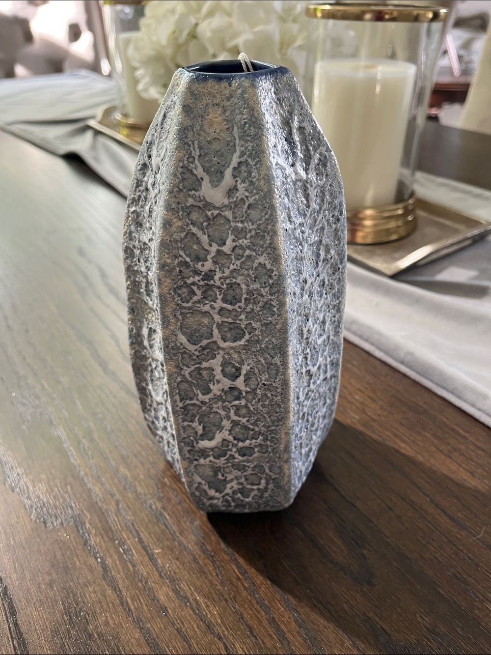 Made in Thailand ceramic bubble glaze 8” tall blue/white vase